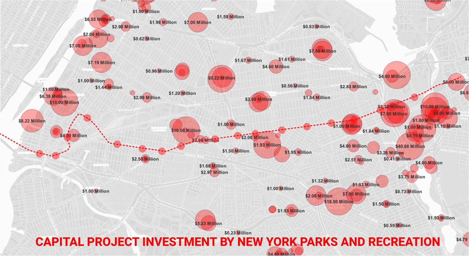 "Map of Capital Project Investment by New York City Parks and Recreation Department"